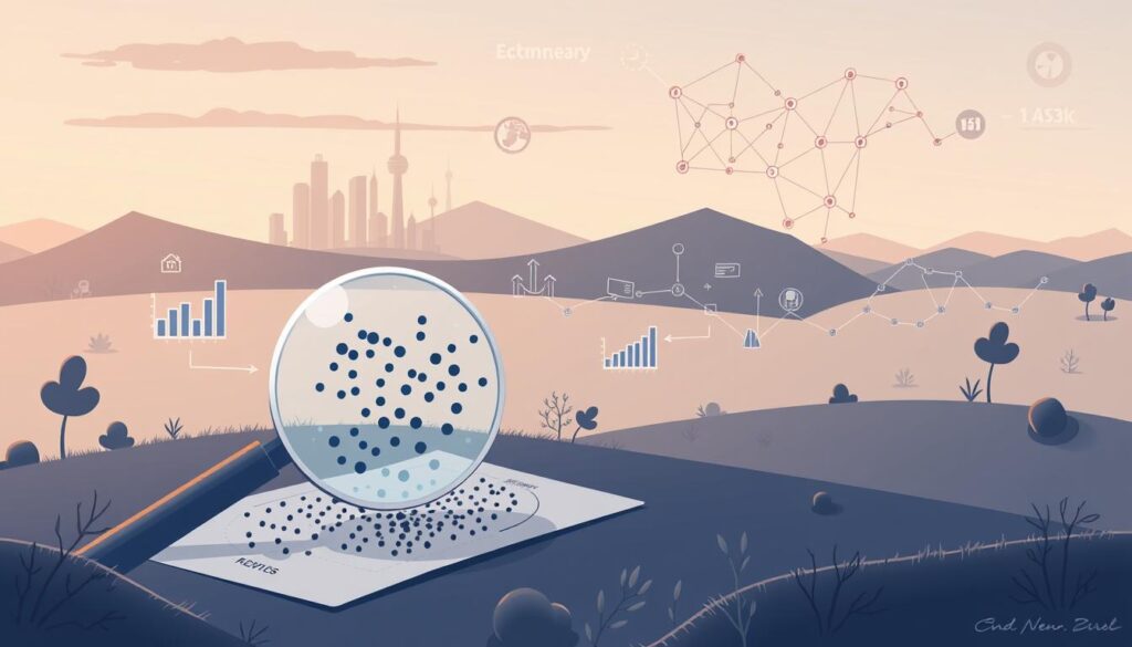 A data-driven landscape depicting the measurement of community engagement. In the foreground, a magnifying glass hovers over a scatter plot, analyzing trends and patterns. The middle ground features various visualization tools like bar graphs, pie charts, and line diagrams, each conveying different engagement metrics. In the background, a network of interconnected nodes and lines symbolizes the complex web of interactions within the community. Soft, muted lighting casts a contemplative mood, inviting the viewer to ponder the insights gleaned from this data-driven approach to understanding engagement.