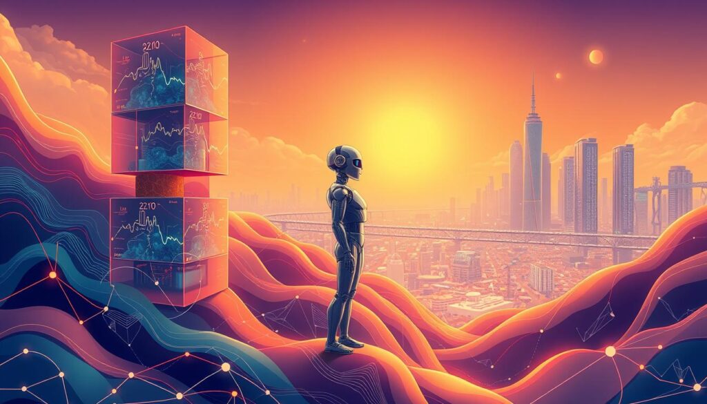 A data-driven landscape of fluid lines and vibrant colors, illuminated by a warm, diffused light. In the foreground, a towering stack of abstract data cubes, their surfaces reflecting the intricate interplay of algorithms and information flows. Amidst them, a sleek, metallic AI assistant stands vigilant, its intelligent gaze scanning the data ecosystem. In the middle ground, a network of pulsing connections and data streams weave a tapestry of insights, while in the distance, a cityscape of futuristic skyscrapers and digital infrastructure frames the scene, hinting at the immense scale and potential of this data-driven world.