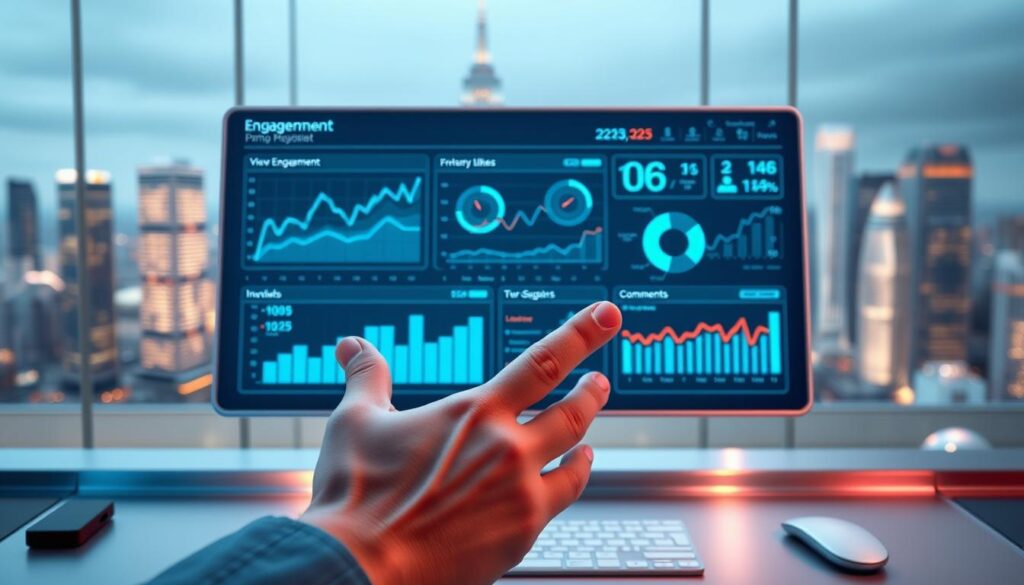 A detailed data dashboard hovers above a sleek, metallic workspace. Crisp line graphs, pie charts, and interactive visualizations display real-time engagement metrics - views, likes, shares, and comments. The dashboard is bathed in cool, cyan lighting, creating a futuristic, tech-savvy atmosphere. In the foreground, a hand gestures towards the dashboard, emphasizing its importance. The background features a blurred city skyline, hinting at the global scale of social media marketing in 2025. Precision-engineered cameras capture this scene, utilizing a shallow depth of field to draw the viewer's attention to the central dashboard.