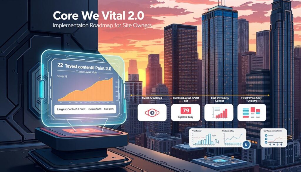 A detailed, futuristic image of the "Core Web Vitals 2.0 Implementation Roadmap for Site Owners". Set against a sleek, metallic backdrop, the foreground depicts a holographic display showcasing the key metrics of Core Web Vitals - Largest Contentful Paint, Cumulative Layout Shift, and First Input Delay. The display is flanked by intricate circuit boards and data visualization elements, hinting at the technical complexity involved. In the middle ground, a series of animated icons and graphs illustrate the various stages of implementation, from auditing and optimization to continuous monitoring. The background features a cityscape of towering skyscrapers, their windows gleaming under the warm glow of sunset, symbolizing the far-reaching impact of Core Web Vitals on the digital landscape.
