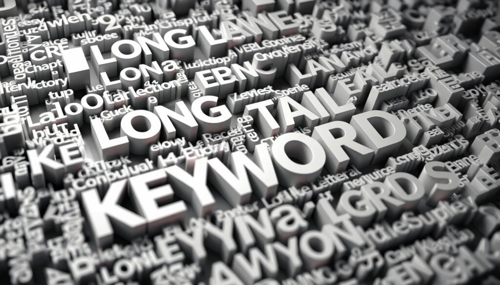 A detailed, high-resolution image of long-tail keywords, presented as a collection of various sized, interconnected text elements in a 3D dimensional space. The keywords should be displayed in an organic, visually striking arrangement, with a sense of depth and layering. The overall composition should convey the concept of building topical authority through targeting specific, long-tail keyword phrases. Utilize soft, diffused lighting to create a sense of depth and dimension, with a color palette that is muted and professional, reflecting the technical subject matter. The camera angle should be slightly elevated, providing an overview of the keyword landscape, to emphasize the strategic nature of long-tail keyword targeting.