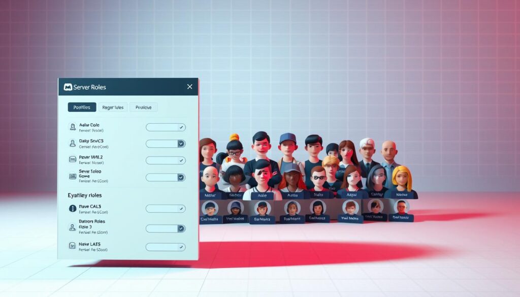 A detailed, meticulously rendered 3D illustration of a Discord server roles and permissions interface. The foreground features a sleek, modern UI with clearly labeled role options and granular permission controls. The middle ground showcases a collection of diverse user avatars, each with their assigned role prominently displayed. The background is a minimalist, slightly desaturated environment with subtle grid patterns, conveying a sense of digital organization and structure. Cinematic lighting casts dramatic shadows, highlighting the depth and hierarchy of the server roles. The overall mood is one of clean, professional design, emphasizing the importance of carefully curating a server's access and privileges.