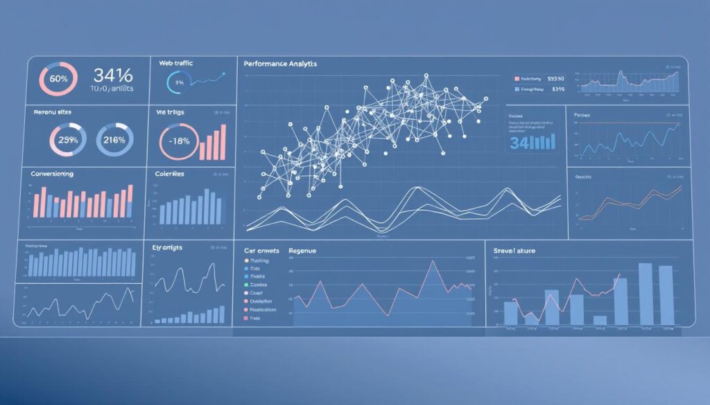 A detailed performance analytics dashboard presented in a clean and minimalist style. In the foreground, an array of interactive charts and graphs display key performance metrics, from web traffic and conversion rates to customer engagement and revenue trends. The middle ground features a large, high-resolution visualization of a complex data model, with intricate lines and shapes revealing hidden patterns and insights. The background is a serene and subdued palette, allowing the analytical elements to take center stage, conveyed through a crisp, high-contrast lighting setup and a slightly cinematic angle that emphasizes the significance and gravity of the data. The overall atmosphere is one of precision, clarity, and data-driven decision-making.