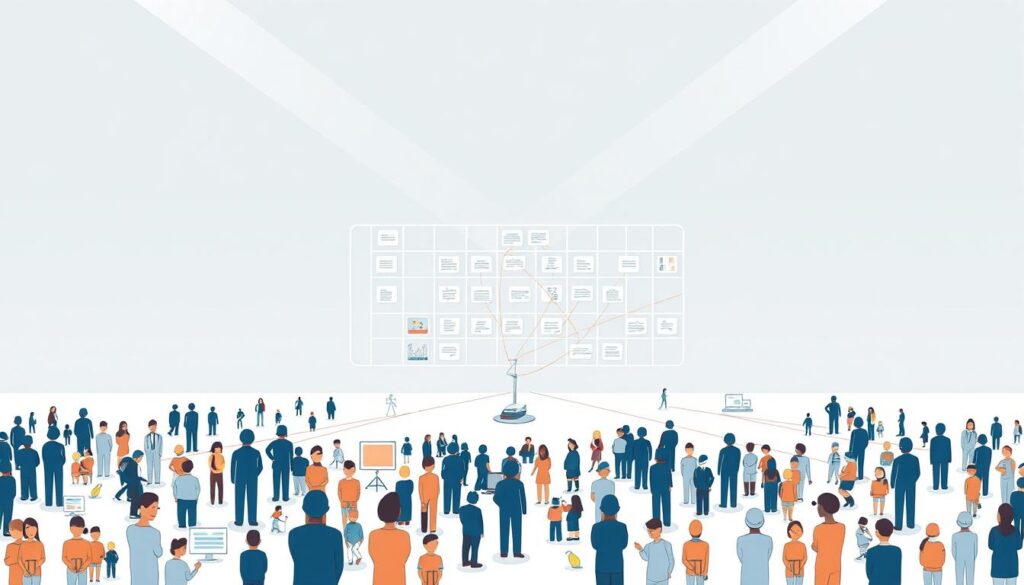 A detailed stakeholder mapping illustration with a clean, professional aesthetic. In the foreground, various stakeholder icons (people, organizations, communities) are arranged in a purposeful layout, connected by lines and arrows to depict their relationships and interdependencies. The middle ground features a grid-like framework, providing structure and hierarchy to the stakeholder visualization. In the background, a subtle color gradient sets a calm, considered mood, complementing the strategic nature of the subject matter. Crisp lighting from multiple angles accentuates the depth and dimensionality of the scene, captured with a medium-wide lens for optimal framing. The overall image conveys a sense of clarity, thoughtfulness, and strategic planning in community engagement.