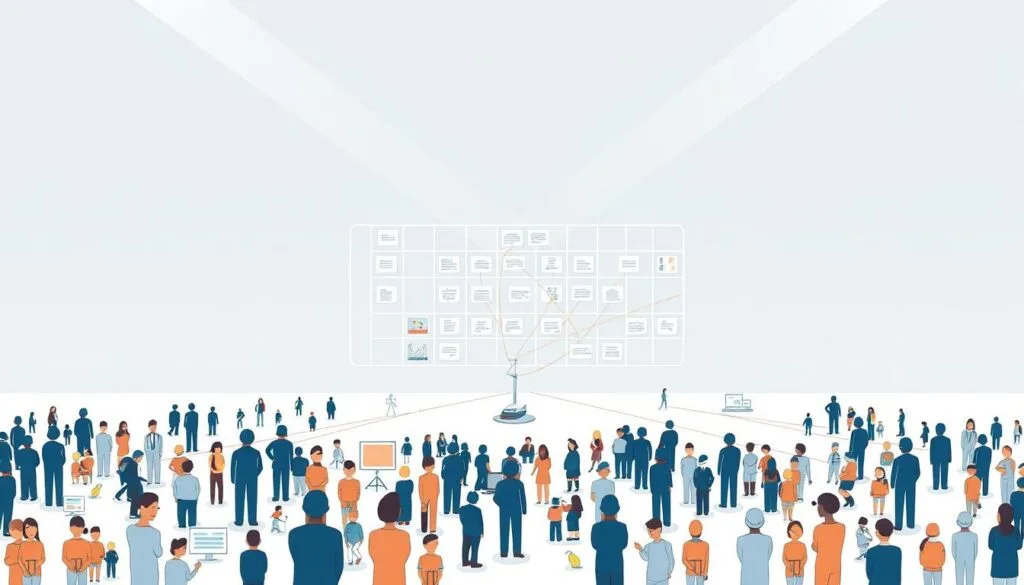 A detailed stakeholder mapping illustration with a clean, professional aesthetic. In the foreground, various stakeholder icons (people, organizations, communities) are arranged in a purposeful layout, connected by lines and arrows to depict their relationships and interdependencies. The middle ground features a grid-like framework, providing structure and hierarchy to the stakeholder visualization. In the background, a subtle color gradient sets a calm, considered mood, complementing the strategic nature of the subject matter. Crisp lighting from multiple angles accentuates the depth and dimensionality of the scene, captured with a medium-wide lens for optimal framing. The overall image conveys a sense of clarity, thoughtfulness, and strategic planning in community engagement. A detailed stakeholder mapping illustration with a clean, professional aesthetic. In the foreground, various stakeholder icons (people, organizations, communities) are arranged in a purposeful layout, connected by lines and arrows to depict their relationships and interdependencies. The middle ground features a grid-like framework, providing structure and hierarchy to the stakeholder visualization. In the background, a subtle color gradient sets a calm, considered mood, complementing the strategic nature of the subject matter. Crisp lighting from multiple angles accentuates the depth and dimensionality of the scene, captured with a medium-wide lens for optimal framing. The overall image conveys a sense of clarity, thoughtfulness, and strategic planning in community engagement.