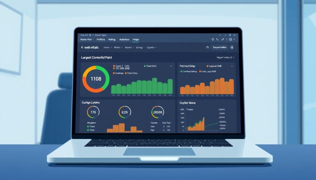 A detailed web vitals report displayed on a laptop screen, set against a minimalist office backdrop. The report features interactive charts and graphs highlighting key performance metrics like Largest Contentful Paint, First Input Delay, and Cumulative Layout Shift. The screen is bathed in cool, clinical lighting, conveying the data-driven, analytical nature of web performance analysis. The laptop is positioned at a slight angle, drawing the viewer's eye to the report's insights. The overall mood is one of clarity and precision, emphasizing the importance of thoroughly measuring and optimizing web vitals for modern digital success.