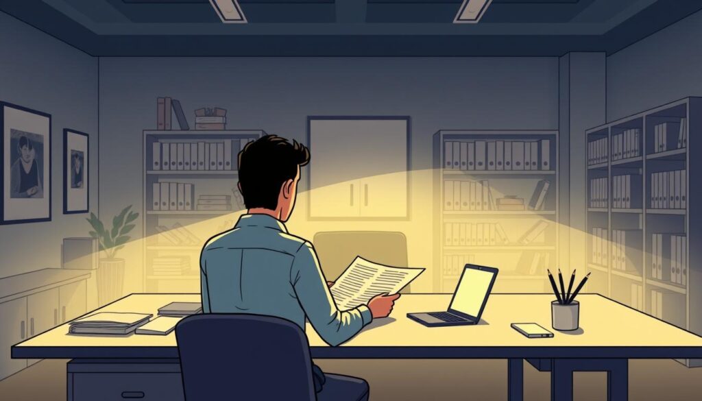 A dimly lit corporate office, with a large desk at the center. On the desk, a laptop, tablet, and various office supplies arranged in an orderly fashion. In the foreground, a person sitting at the desk, studying a document intently. Soft, warm lighting illuminates the scene, creating a focused, contemplative atmosphere. In the background, shelves filled with carefully curated books and folders, representing the curation process. The walls are adorned with minimalist artwork, adding a touch of refined elegance. The overall scene conveys a sense of productivity, organization, and thoughtful curation.