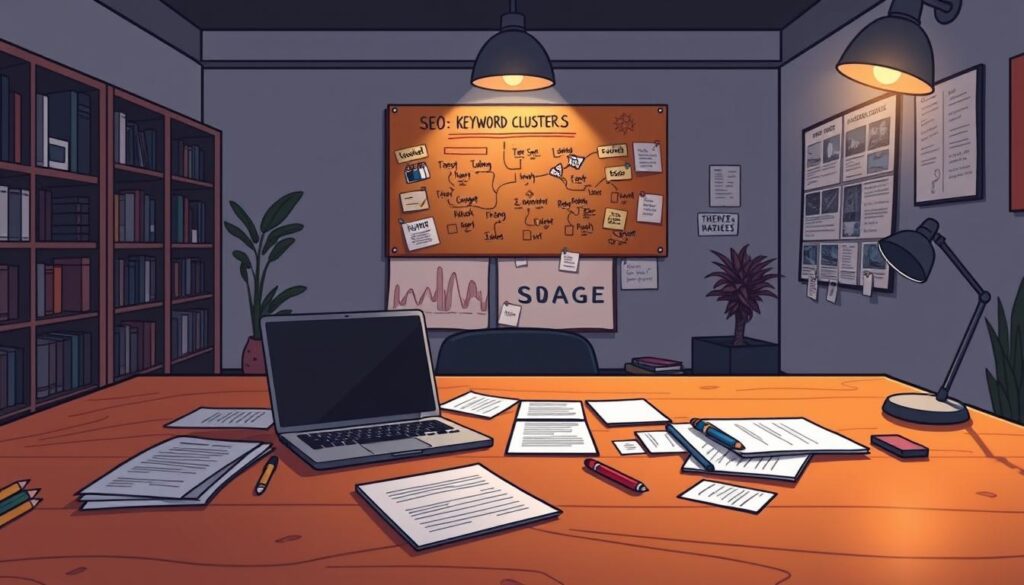 A dimly lit, cozy office space with a large wooden desk in the foreground. On the desk, a laptop, a pen, a notebook, and various research materials like printouts and sticky notes are scattered. In the middle ground, a corkboard filled with keyword clusters, concept maps, and brainstorming notes hangs on the wall. The background features bookshelves, a window overlooking a city skyline, and warm, muted lighting that creates a contemplative atmosphere. The scene conveys the focus and concentration involved in thorough, topic-based keyword research to build authority-boosting content clusters.