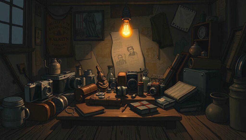 A dimly lit room, filled with an eclectic assortment of weathered, well-loved objects. Vintage cameras, worn leather journals, and tarnished metal trinkets adorn a cluttered wooden table, casting soft shadows that dance across the uneven floorboards. Overhead, a single bare bulb casts a warm, amber glow, illuminating the patina and imperfections of the items, creating a sense of authenticity and lived-in charm. In the background, a collage of abstract textures and muted colors, like a tapestry of time-worn fabrics, adds depth and character to the scene. The overall atmosphere evokes a sense of nostalgia and the beauty found in the imperfect.