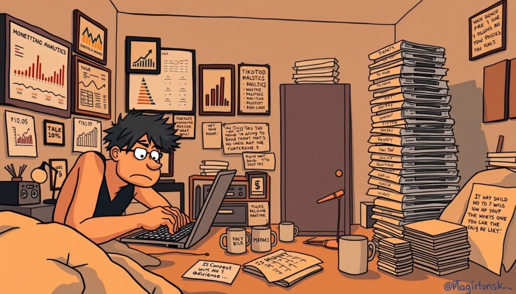 A dimly lit studio apartment, the walls adorned with framed social media analytics data. In the foreground, a weary creator hunches over a laptop, fingers tapping furiously on the keyboard as they navigate the convoluted TikTok monetization dashboard. The middle ground reveals a cluttered workspace, filled with half-empty coffee mugs and hastily scribbled notes on the challenges of building an audience and securing brand partnerships. In the background, a towering stack of unpaid bills casts a long shadow, a stark reminder of the financial realities faced by many content creators. The scene is bathed in a warm, golden hue, creating a sense of melancholy and the struggle to find sustainable success on the platform.