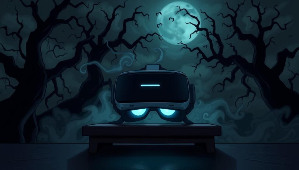 A dimly lit virtual reality headset rests on a table, casting an ominous glow. Tendrils of dark mist swirl around it, hinting at the unseen horrors waiting within. The environment is a shadowy, oppressive realm, with twisted, gnarled trees and a foreboding sky that casts an eerie, otherworldly light. The viewer stands at the edge, hesitating to take the plunge into the immersive, fear-inducing experience that lies ahead. The atmosphere is thick with tension, the air charged with a sense of dread and the anticipation of facing one's deepest phobias head-on.