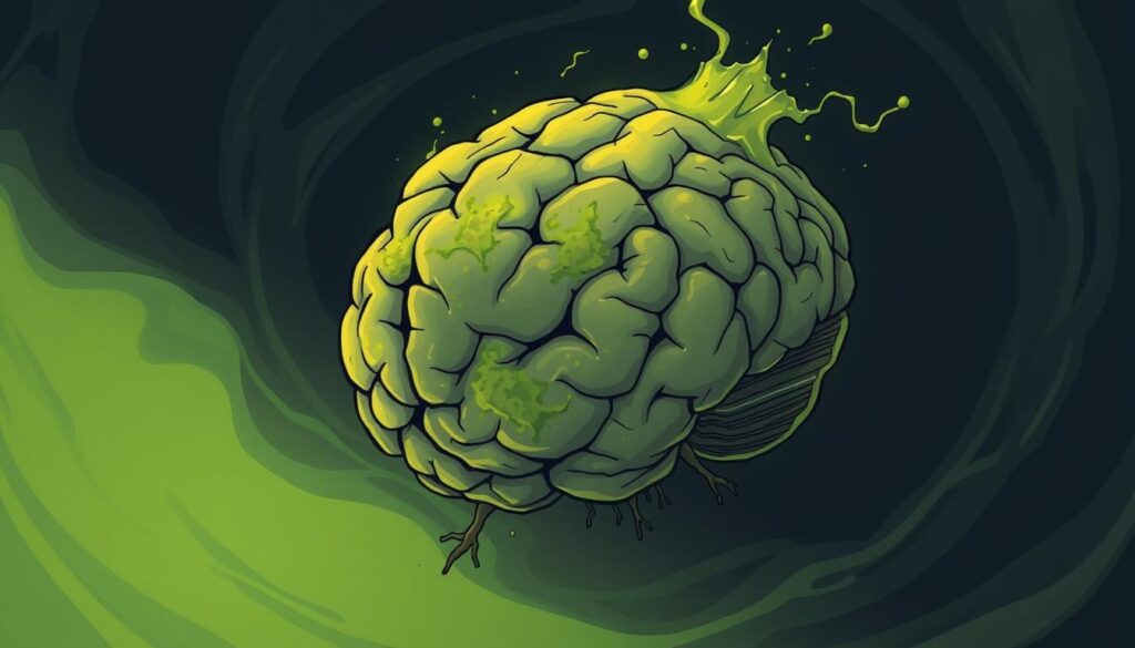 A distorted, hazy brain floating in a swirling, viscous liquid. The cerebral cortex appears mottled and decaying, with sickly greenish-yellow discoloration spreading across its surface. Veins and neurons pulsate erratically, as if being consumed by a corrosive force. The background is a dim, oppressive void, casting an eerie, unsettling glow onto the deteriorating organ. Flickering light sources cast long, distorted shadows, suggesting an unstable, unnatural environment. An overwhelming sense of cognitive decline and mental unraveling permeates the scene, reflecting the "brain rot" experience described in the article.