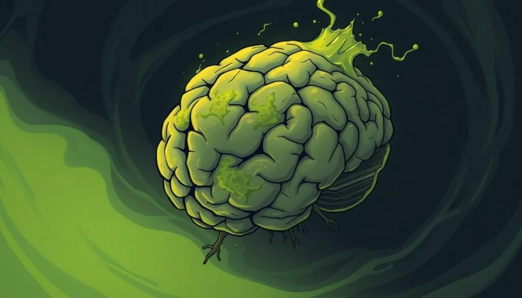 A distorted, hazy brain floating in a swirling, viscous liquid. The cerebral cortex appears mottled and decaying, with sickly greenish-yellow discoloration spreading across its surface. Veins and neurons pulsate erratically, as if being consumed by a corrosive force. The background is a dim, oppressive void, casting an eerie, unsettling glow onto the deteriorating organ. Flickering light sources cast long, distorted shadows, suggesting an unstable, unnatural environment. An overwhelming sense of cognitive decline and mental unraveling permeates the scene, reflecting the "brain rot" experience described in the article. A distorted, hazy brain floating in a swirling, viscous liquid. The cerebral cortex appears mottled and decaying, with sickly greenish-yellow discoloration spreading across its surface. Veins and neurons pulsate erratically, as if being consumed by a corrosive force. The background is a dim, oppressive void, casting an eerie, unsettling glow onto the deteriorating organ. Flickering light sources cast long, distorted shadows, suggesting an unstable, unnatural environment. An overwhelming sense of cognitive decline and mental unraveling permeates the scene, reflecting the "brain rot" experience described in the article.