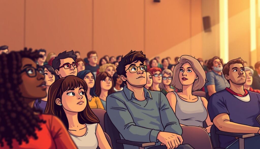 A diverse, engaged audience sits in a well-lit auditorium, intently focused on the stage. The foreground features rows of attentive attendees, each with unique expressions of curiosity and interest. The middle ground showcases a modern, minimalist stage design with clean lines and subtle, eco-friendly accents. The background is softly blurred, emphasizing the audience's rapt attention. Warm, natural lighting illuminates the scene, creating a welcoming and inspiring atmosphere. The overall composition conveys a sense of thoughtful alignment between the audience's sustainability-minded intent and the business's eco-conscious presentation.