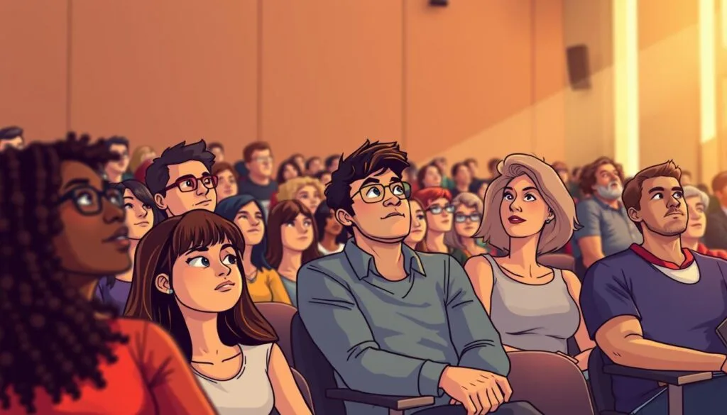 A diverse, engaged audience sits in a well-lit auditorium, intently focused on the stage. The foreground features rows of attentive attendees, each with unique expressions of curiosity and interest. The middle ground showcases a modern, minimalist stage design with clean lines and subtle, eco-friendly accents. The background is softly blurred, emphasizing the audience's rapt attention. Warm, natural lighting illuminates the scene, creating a welcoming and inspiring atmosphere. The overall composition conveys a sense of thoughtful alignment between the audience's sustainability-minded intent and the business's eco-conscious presentation. A diverse, engaged audience sits in a well-lit auditorium, intently focused on the stage. The foreground features rows of attentive attendees, each with unique expressions of curiosity and interest. The middle ground showcases a modern, minimalist stage design with clean lines and subtle, eco-friendly accents. The background is softly blurred, emphasizing the audience's rapt attention. Warm, natural lighting illuminates the scene, creating a welcoming and inspiring atmosphere. The overall composition conveys a sense of thoughtful alignment between the audience's sustainability-minded intent and the business's eco-conscious presentation.