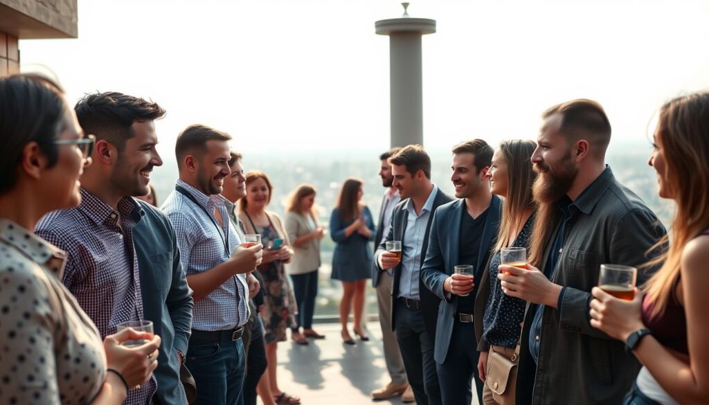 A diverse group of individuals gathered on a sun-drenched terrace, immersed in animated discussions and collaborative exchanges. In the foreground, several people lean in, their faces alight with enthusiasm as they share ideas and connect over their shared interest in the Bluesky decentralized social network. In the middle ground, others sip drinks and exchange business cards, forging new connections. The background reveals a panoramic cityscape, hinting at the global reach and inclusive nature of the Bluesky community. Soft, diffused lighting and a warm color palette create an inviting, professional atmosphere, capturing the essence of building a vibrant network on this emerging social platform.