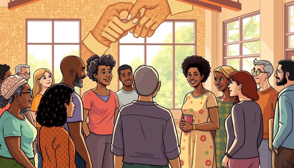 A diverse group of individuals, representing different ages, races, abilities, and backgrounds, gather in a sunlit community center. In the foreground, a warm-toned mosaic mural depicts interlocking hands, symbolizing unity and connection. The middle ground features people engaged in meaningful dialogue, their expressions reflecting openness and understanding. In the background, large windows allow natural light to flood the space, creating an atmosphere of openness and inclusivity. The overall scene conveys a sense of harmony, where people from all walks of life come together to build a welcoming, equitable community.