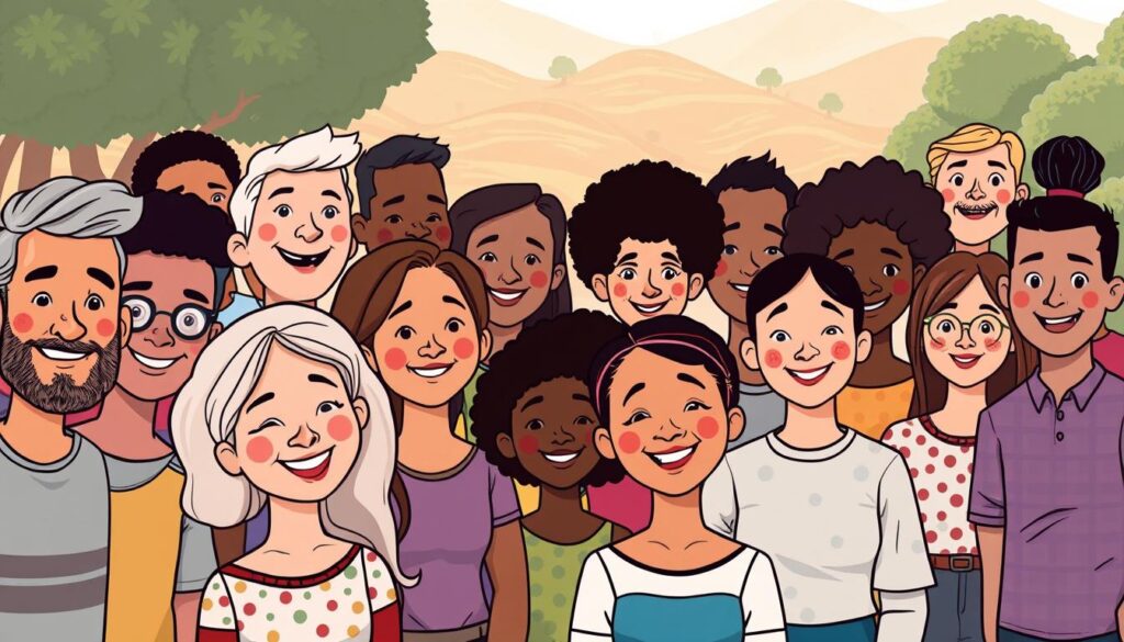 A diverse group of people, each with their unique identities, stands together in a harmonious scene. The foreground features individuals of various ages, races, and abilities, their expressions conveying a sense of pride, joy, and camaraderie. The middle ground showcases a vibrant, inclusive landscape, devoid of stereotypical representations. In the background, a warm, natural light bathes the scene, creating an atmosphere of acceptance and belonging. The overall composition celebrates the beauty of diversity, showcasing individuals as they are, without the constraints of societal expectations or prejudices.