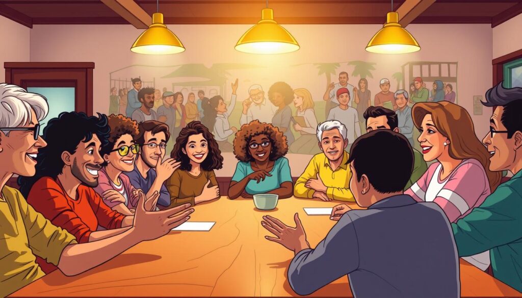 A diverse group of people engaged in lively discussion, seated around a wooden table in a well-lit community center. Warm lighting from overhead fixtures casts a soft glow, creating an inviting atmosphere. In the foreground, gesturing hands and animated expressions convey a sense of active collaboration. In the middle ground, attentive faces reflect a range of ages, ethnicities, and backgrounds, all contributing to the conversation. The background features vibrant wall murals depicting scenes of community unity and shared experiences. The overall composition evokes a spirit of inclusive participation, embracing the challenges and opportunities of building meaningful connections.