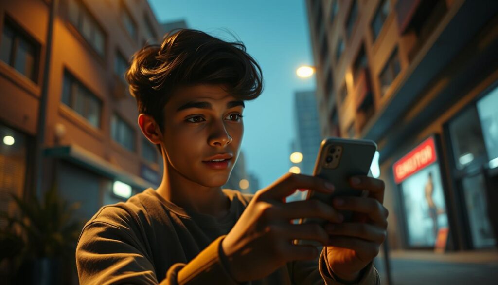A dynamic and captivating short-form video, captured with a cinematic wide-angle lens against a softly blurred urban backdrop. The frame is filled with a central subject - a young person casually holding a smartphone, their face illuminated by the screen's glow in a dimly lit setting. The lighting is natural and moody, with warm tones and long shadows cast across the scene. The overall composition emphasizes the subject's engrossment in the mobile device, conveying the ubiquity and pervasiveness of short-form video consumption in the modern digital landscape.