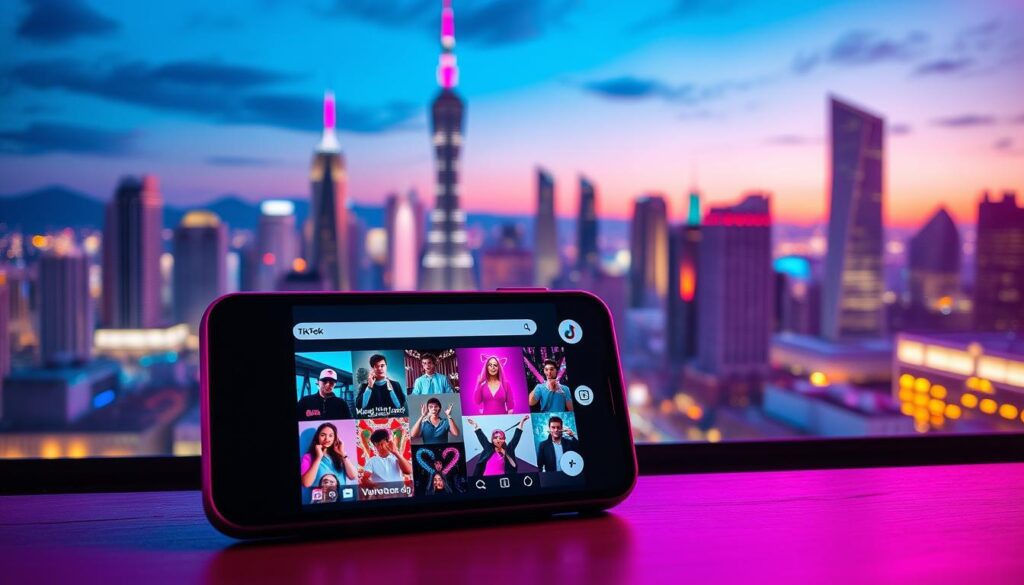 A dynamic and visually engaging TikTok content strategy unfolds in a vibrant, neon-lit setting. In the foreground, a smartphone display showcases a curated feed of eye-catching, short-form videos, each one a potential viral sensation. The middle ground features a collage of social media icons, hashtags, and trendy graphics, reflecting the ever-evolving landscape of TikTok content creation. In the background, a city skyline with towering skyscrapers and pulsing lights sets the stage for this digital content revolution, hinting at the global reach and impact of the platform. The overall mood is one of energy, innovation, and the endless possibilities of crafting a viral TikTok presence.