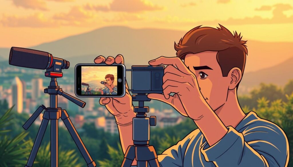 A dynamic and visually engaging scene showcasing best practices for short-form video content creation. In the foreground, a content creator meticulously framing a smartphone camera for an impactful vertical video shot, their face illuminated by warm, natural lighting. In the middle ground, various production tools and equipment - a tripod, stabilizer, and high-quality microphone - highlighting the technical aspects of video creation. The background depicts a vibrant, visually stimulating setting, such as a city skyline or a lush natural landscape, evoking a sense of creativity and inspiration. The overall mood is one of focus, dynamism, and a keen understanding of the key elements that drive engaging short-form video content.