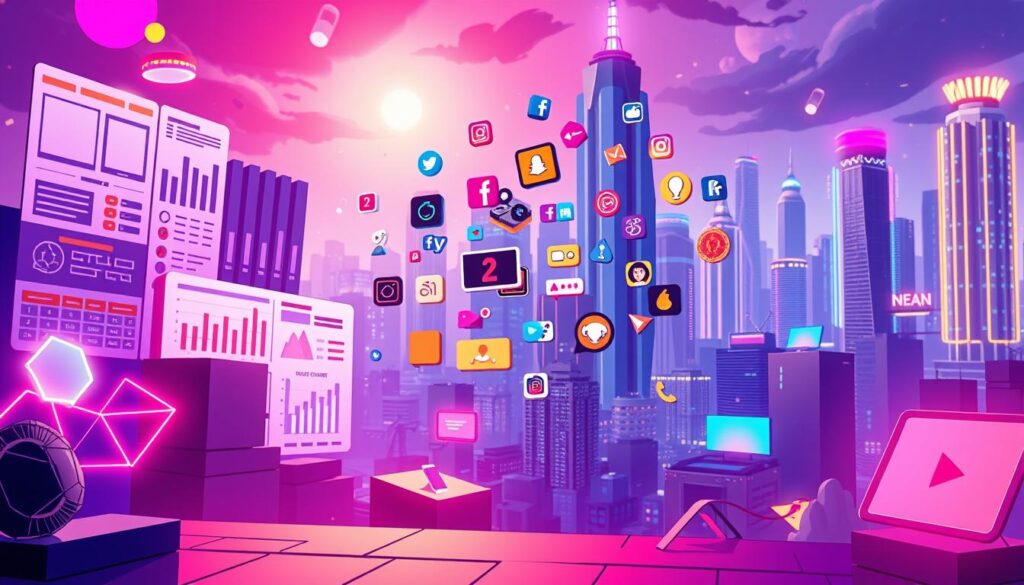 A dynamic collage of content ideas set against a vibrant, futuristic backdrop. In the foreground, glowing geometric shapes and data visualizations depict various content frameworks - from storyboards and mood boards to social media content calendars. Floating in the middle ground, an array of bold, eye-catching icons and symbols representing diverse content types - from short-form videos and GIFs to podcasts and live streams. In the distant background, a futuristic cityscape with gleaming skyscrapers and pulsing neon lights, conveying the fast-paced, constantly evolving nature of social media trends. Dramatic, high-contrast lighting casts dramatic shadows, adding depth and drama to the scene. The overall mood is one of energy, innovation, and boundless creative potential.