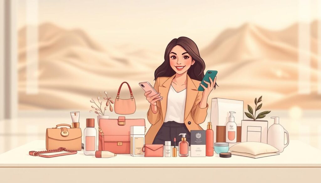 A dynamic product placement scene with a social media influencer showcasing various lifestyle items. In the foreground, a well-dressed influencer poses naturally, engaging with their smartphone in an inviting manner. Surrounding them, an artfully curated arrangement of fashion accessories, beauty products, and home decor items. The middle ground features a minimalist, light-filled setting with clean lines and muted tones, emphasizing the products. In the background, a blurred, abstract landscape adds depth and a sense of aspirational lifestyle. Warm, diffused lighting casts a soft glow, highlighting the influencer's features and the products' textures. Captured with a shallow depth of field, the image conveys a polished, professional aesthetic suitable for a social commerce feature.