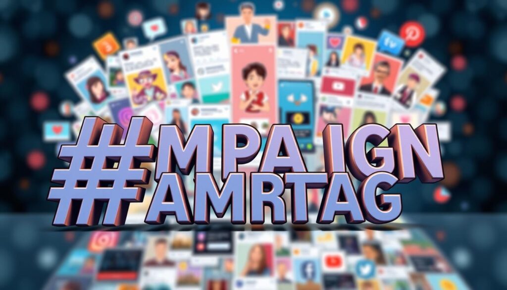A dynamic, vibrant image of a "campaign hashtag" against a backdrop of diverse user-generated content. In the foreground, the hashtag text appears in a bold, attention-grabbing font, with a subtle 3D effect and dynamic lighting that creates depth and dimensionality. The middle ground features a collage of social media posts, images, and user-generated content, showcasing the power of engaging with your audience. The background is a blurred, abstract pattern that suggests the broader digital landscape, hinting at the widespread reach and impact of user-generated content. The overall composition is visually striking, with a sense of energy and movement that captures the essence of a successful social media campaign.