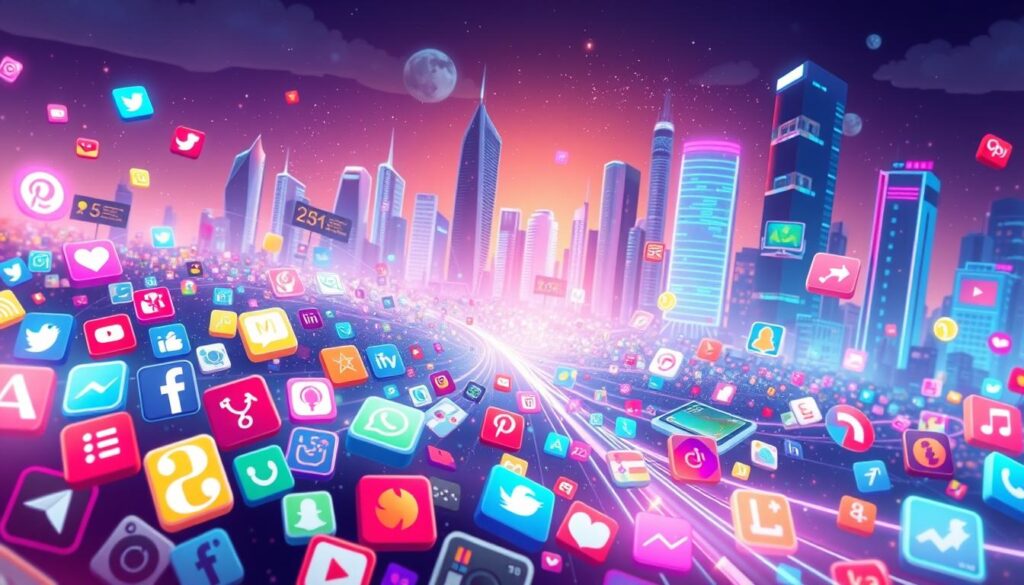 A dynamic, vibrant social media landscape, with a central hub of interconnected platforms. In the foreground, a collage of various social media app icons, glowing with vivid colors and shimmering reflections, creating a sense of digital connectivity. The middle ground features a flowing stream of digital content - images, videos, and messages constantly being shared and engaged with. In the background, a futuristic cityscape of sleek skyscrapers and holographic displays, conveying the technological prowess that powers the social media ecosystem. The lighting is a harmonious blend of neon accents and soft, diffused illumination, evoking a sense of energy and innovation. The overall mood is one of constant motion, innovation, and the seamless integration of technology into our daily lives.