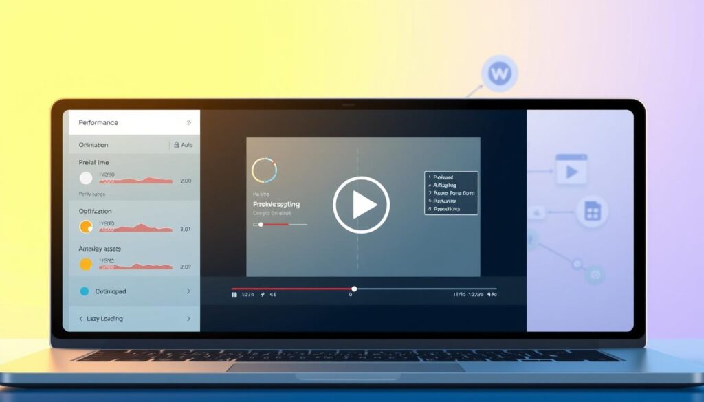 A dynamic video performance showcasing various web optimization techniques. In the foreground, a laptop screen displays real-time performance metrics and optimization settings. The middle ground features a stylized video player interface with intuitive controls for preload, autoplay, and lazy loading. In the background, a blurred network diagram illustrates the flow of data and assets, highlighting the importance of efficient web delivery. The lighting is crisp and professional, with a subtle depth of field effect that draws the viewer's attention to the key elements. The overall atmosphere conveys a sense of technical expertise and modern web design principles.