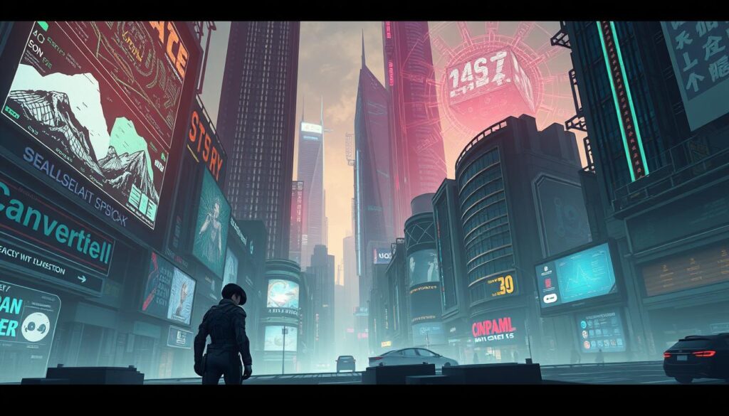 A dystopian cityscape shrouded in cyberpunk hues, where the boundaries between reality and virtual realms blur. In the foreground, a lone figure in a sleek, armored exosuit navigates a labyrinth of holographic screens and neon-lit alleyways. Cascading data streams and glitching landscapes create a sense of disorientation and vertigo, evoking the cinematic tension of "Ghost in the Shell." The middle ground showcases towering skyscrapers, their facades adorned with intricate cybernetic patterns, while the background is a kaleidoscope of pulsing lights and ethereal, cybernetic constructs, suggesting the pervasive influence of virtual reality. The scene is illuminated by a haunting, ethereal glow, casting an otherworldly atmosphere that captures the essence of the "Ghost in the Shell VR Experience."