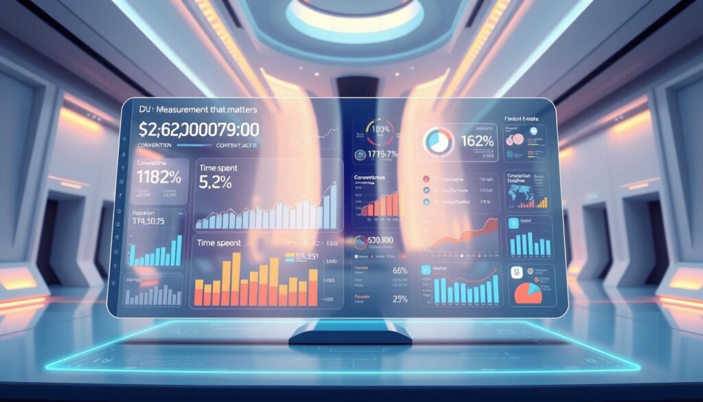 A futuristic data dashboard showcased in a sleek, minimalist virtual environment. The foreground features a holographic display with fluid, dynamic visualizations of engagement metrics - conversion rates, time spent, and return on investment. The middle ground has floating interface elements, including interactive charts and infographics, all bathed in a warm, ambient lighting. The background depicts a vast, expansive virtual world with a clean, architectural aesthetic, hinting at the immersive, avatar-driven experiences of the future. The entire scene conveys a sense of technological sophistication and data-driven insights, perfectly suited to illustrate the "Measurement that matters" section of the article.