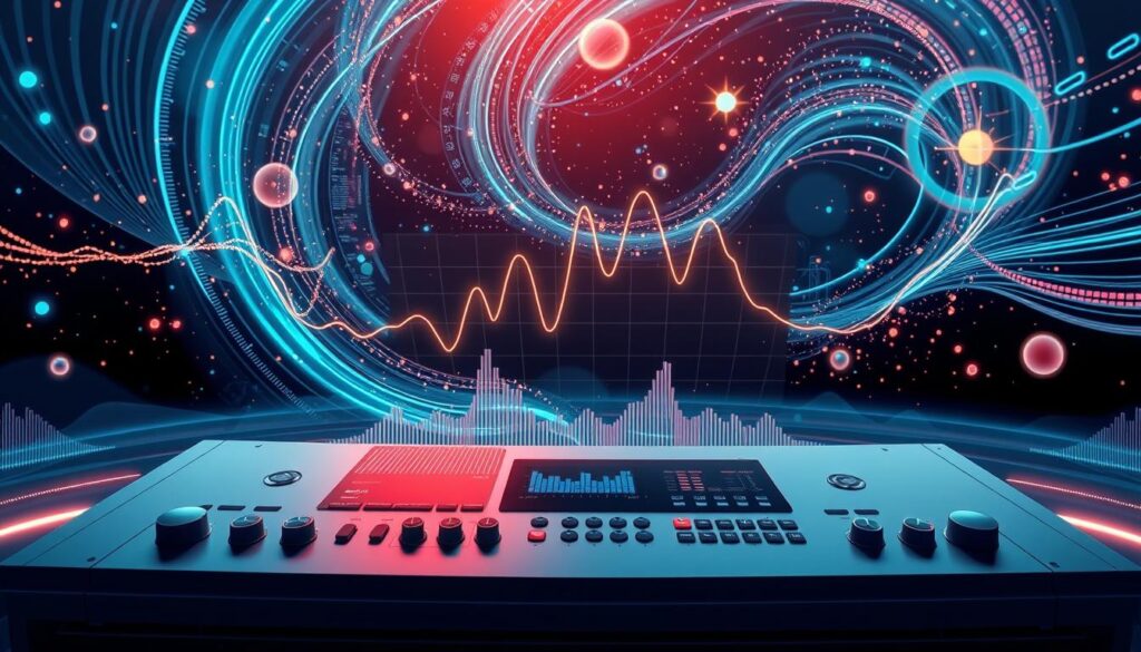 A futuristic digital audio visualization, with intricate waveforms and pulsing energy emanating from a central display. The foreground features a sleek, minimalist audio interface with smooth controls and a vibrant, high-resolution screen. The middle ground showcases a dynamic, three-dimensional spectrum analyzer, with undulating lines and bars responding to the audio input. In the background, a swirling, abstract landscape of digital elements, including shimmering particles, glowing orbs, and cascading data streams, creates a sense of depth and technological wonder. The overall mood is one of innovation, precision, and the captivating power of audio in the digital age.