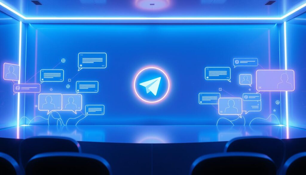 A futuristic, neon-lit Telegram channel interface, with dynamic chat bubbles and user avatars floating against a sleek, minimalist backdrop. The channel's logo is prominently displayed, emanating a vibrant, digital glow. The composition captures the sense of connection, community, and real-time communication that defines Telegram channels in the year 2024. Ambient lighting casts a cool, blue-tinted hue, conveying a cutting-edge, technology-driven aesthetic. The overall scene evokes a vision of Telegram channels as powerful, versatile tools for organic growth and engagement in the digital landscape of the future.