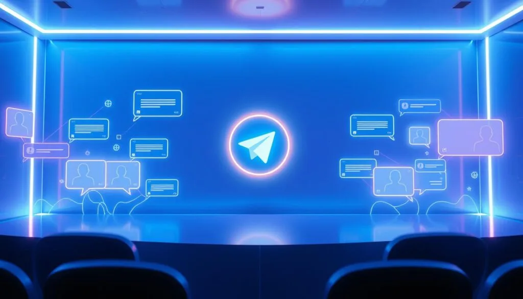 A futuristic, neon-lit Telegram channel interface, with dynamic chat bubbles and user avatars floating against a sleek, minimalist backdrop. The channel's logo is prominently displayed, emanating a vibrant, digital glow. The composition captures the sense of connection, community, and real-time communication that defines Telegram channels in the year 2024. Ambient lighting casts a cool, blue-tinted hue, conveying a cutting-edge, technology-driven aesthetic. The overall scene evokes a vision of Telegram channels as powerful, versatile tools for organic growth and engagement in the digital landscape of the future.