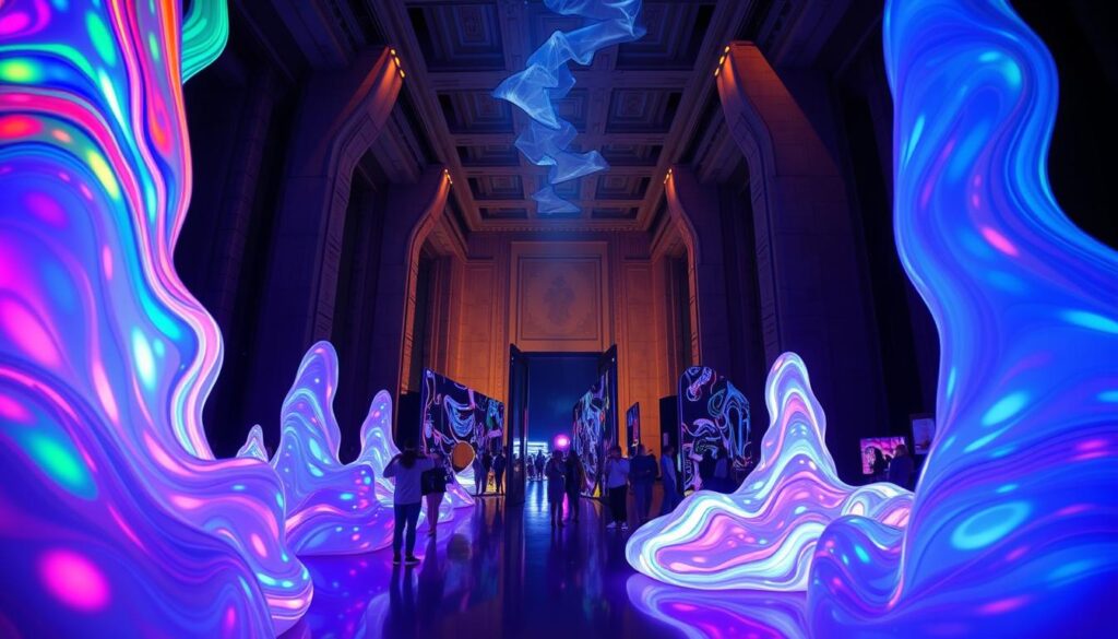 A grand, immersive art installation in Superblue Miami, showcasing larger-than-life interactive experiences that defy reality. In the foreground, colorful, undulating light sculptures seem to come alive, their mesmerizing patterns shifting and pulsing. In the middle ground, visitors explore futuristic, mirrored structures that bend and distort their reflections, creating a sense of disorientation and wonder. The background depicts a cavernous, dimly lit space, with architectural elements that recede into the distance, creating a sense of depth and scale. Dramatic, theatrical lighting casts dramatic shadows and highlights the installation's dynamic, otherworldly qualities. The mood is one of awe, enchantment, and a blurring of the boundaries between the physical and digital realms.