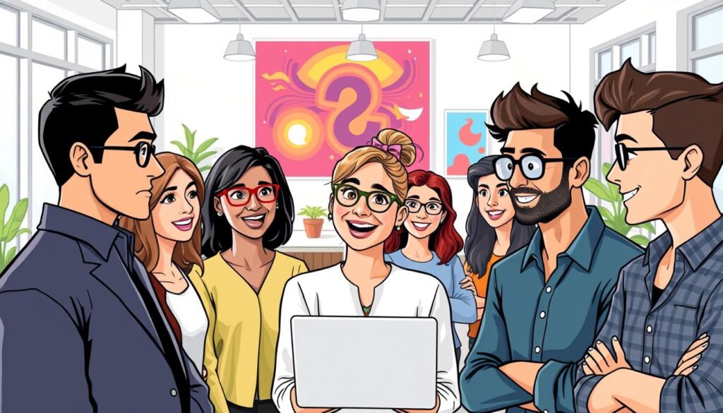 A group of diverse individuals, ranging from millennials to Gen Z, gathered in a well-lit, contemporary office space. The foreground features a mix of personas, including a young professional in business attire, a creative type with colorful accessories, and a tech-savvy individual with a laptop. In the middle ground, colleagues engage in animated discussions, their expressions conveying interest and collaboration. The background showcases an open-concept layout with minimalist furniture, vibrant artwork, and large windows that flood the room with natural light, creating a sense of energy and productivity. The overall atmosphere is one of a dynamic, forward-thinking workplace, reflecting the interests and lifestyles of a target audience for an influencer marketing campaign.