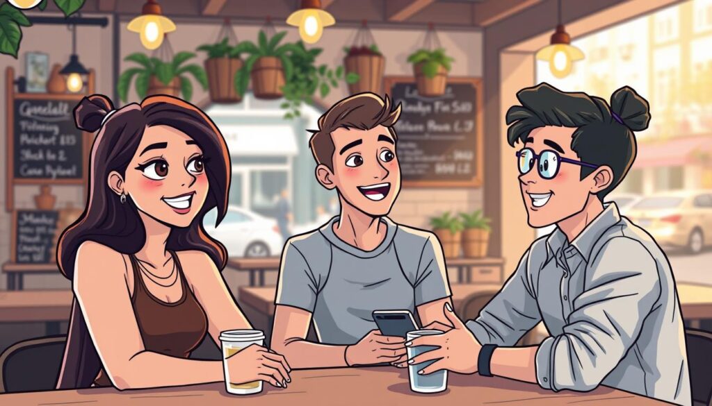 A group of micro-influencers gathered in a cozy café, their faces illuminated by soft, warm lighting. In the foreground, three diverse individuals – a fashionable young woman, a fitness enthusiast, and a tech-savvy creative – engaged in lively conversation, their expressions animated and their body language open. In the middle ground, the café's rustic decor provides a charming backdrop, with wooden tables, hanging plants, and a vintage chalkboard menu. The background is blurred, hinting at the bustling city street outside, but the focus remains on the micro-influencers, their unique perspectives and personal brands complementing each other as they discuss strategies to leverage their combined reach and authenticity to boost a client's brand.