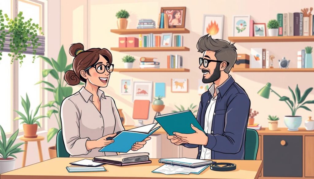 A harmonious collaboration between two creators, showcased in a warm, natural light. In the foreground, the partners engage in a lively discussion, their body language conveying trust and mutual understanding. The middle ground features visual elements that symbolize their creative bond - shared sketchbooks, a camera, and vibrant color palettes. In the background, a cozy, inviting workspace with bookshelves, plants, and personal mementos, all contributing to a sense of long-term partnership and shared passion. The overall atmosphere radiates professionalism, creativity, and a genuine connection between the collaborators.