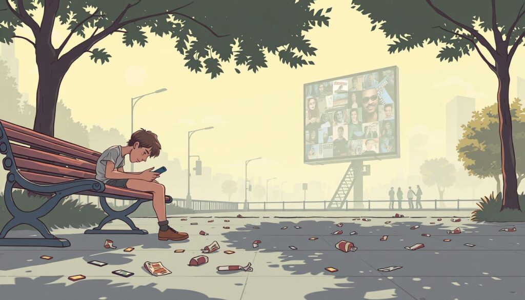 A hazy, sun-drenched scene of a deserted city street in the throes of a "brain rot summer". In the foreground, a lone figure slouches on a park bench, their gaze distant and unfocused, a smartphone loosely clutched in their hand. The middle ground reveals a scattering of discarded fast-food wrappers and crumpled social media notifications, while the background is dominated by a towering digital billboard, its screen flickering with a disorienting kaleidoscope of viral content. The overall atmosphere conveys a sense of mental fatigue, information overload, and a loss of engagement with the physical world.