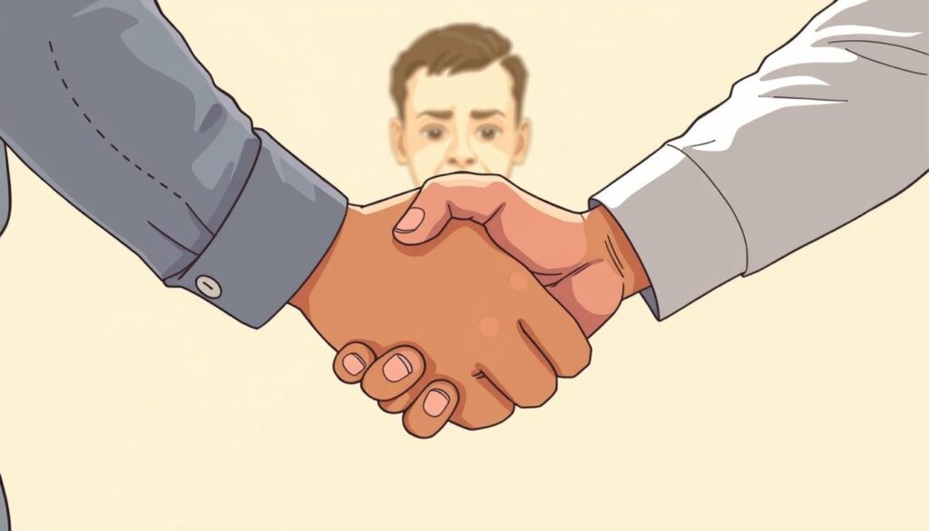 A heartfelt handshake between two individuals, captured in soft, natural lighting. The foreground features their clasped hands, symbolizing the trust and loyalty they share. In the middle ground, the subjects' faces reflect a sense of mutual understanding and respect. The background is a warm, neutral palette, creating a calming, inviting atmosphere that enhances the emotional connection between the two. The composition is balanced, with the subjects positioned slightly off-center, drawing the viewer's eye to the central point of the image. The overall tone conveys a sense of authenticity, showcasing the genuine bond between the individuals.