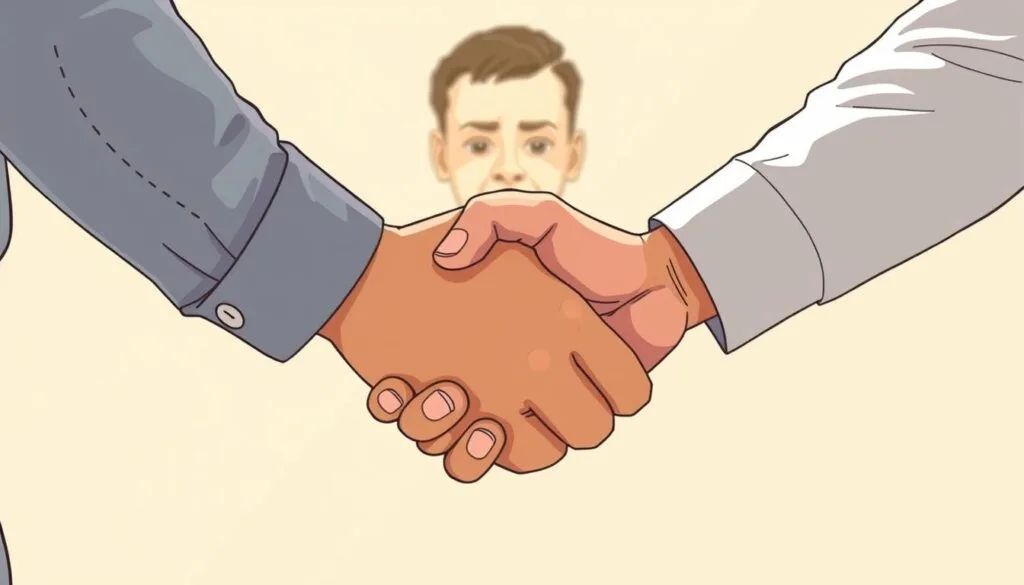 A heartfelt handshake between two individuals, captured in soft, natural lighting. The foreground features their clasped hands, symbolizing the trust and loyalty they share. In the middle ground, the subjects' faces reflect a sense of mutual understanding and respect. The background is a warm, neutral palette, creating a calming, inviting atmosphere that enhances the emotional connection between the two. The composition is balanced, with the subjects positioned slightly off-center, drawing the viewer's eye to the central point of the image. The overall tone conveys a sense of authenticity, showcasing the genuine bond between the individuals. A heartfelt handshake between two individuals, captured in soft, natural lighting. The foreground features their clasped hands, symbolizing the trust and loyalty they share. In the middle ground, the subjects' faces reflect a sense of mutual understanding and respect. The background is a warm, neutral palette, creating a calming, inviting atmosphere that enhances the emotional connection between the two. The composition is balanced, with the subjects positioned slightly off-center, drawing the viewer's eye to the central point of the image. The overall tone conveys a sense of authenticity, showcasing the genuine bond between the individuals.