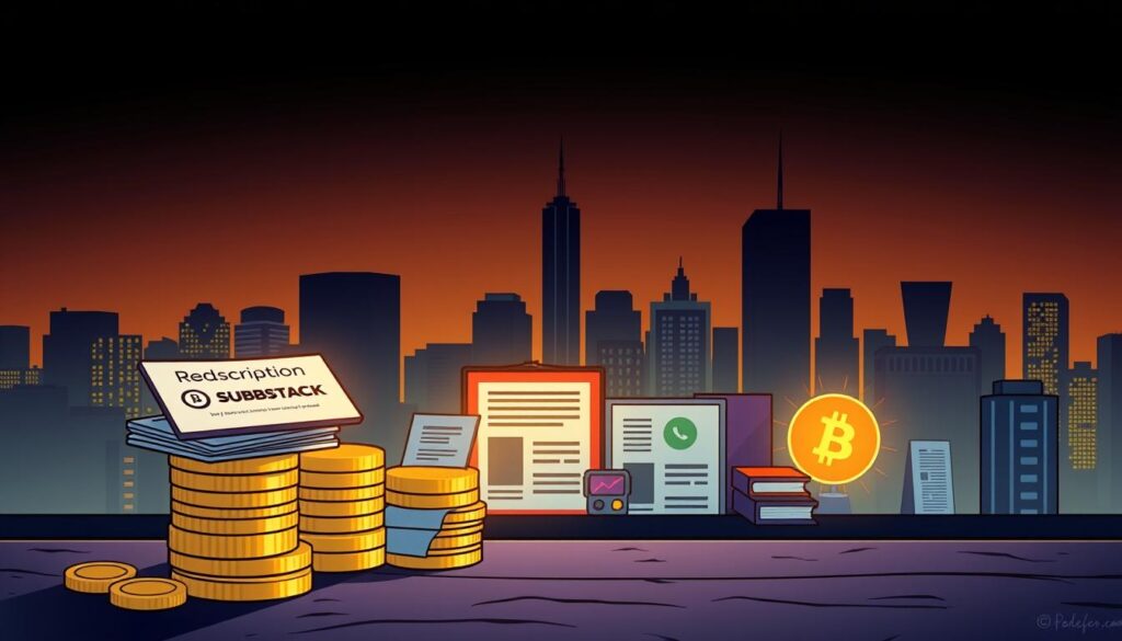 A high-contrast, cinematic composition depicting the various revenue streams for content creators. In the foreground, a stylized stack of coins and subscription cards representing the core monetization channels like Patreon and Substack. The middle ground features an array of digital assets like ebooks, online courses, and exclusive content, illuminated by dramatic lighting. In the background, a city skyline silhouette symbolizes the global scale and reach of the creator economy. The overall scene conveys a sense of power, potential, and prosperity for independent digital creators.