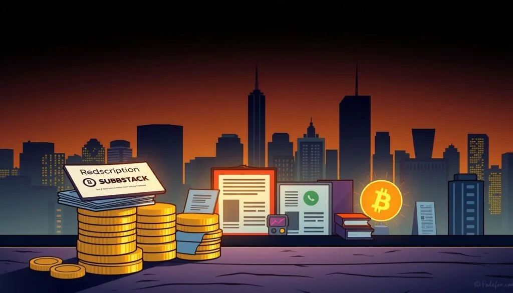 A high-contrast, cinematic composition depicting the various revenue streams for content creators. In the foreground, a stylized stack of coins and subscription cards representing the core monetization channels like Patreon and Substack. The middle ground features an array of digital assets like ebooks, online courses, and exclusive content, illuminated by dramatic lighting. In the background, a city skyline silhouette symbolizes the global scale and reach of the creator economy. The overall scene conveys a sense of power, potential, and prosperity for independent digital creators. A high-contrast, cinematic composition depicting the various revenue streams for content creators. In the foreground, a stylized stack of coins and subscription cards representing the core monetization channels like Patreon and Substack. The middle ground features an array of digital assets like ebooks, online courses, and exclusive content, illuminated by dramatic lighting. In the background, a city skyline silhouette symbolizes the global scale and reach of the creator economy. The overall scene conveys a sense of power, potential, and prosperity for independent digital creators.