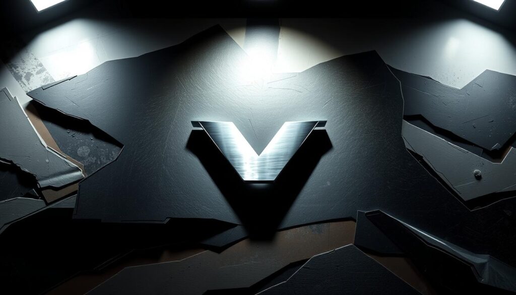 A high-contrast, cinematic image of a professional brand's visual identity, featuring a sleek, modern logo in the foreground, floating above a dynamic, abstract background. The logo is rendered in a metallic, chrome-like material, casting subtle reflections and shadows. The background is a layered composition of geometric shapes and fluid, painterly textures, conveying a sense of energy, creativity, and technological sophistication. The lighting is dramatic, with strong directional light sources casting dramatic shadows and highlights, creating an impactful, memorable visual representation of a brand's distinctive voice and personality.