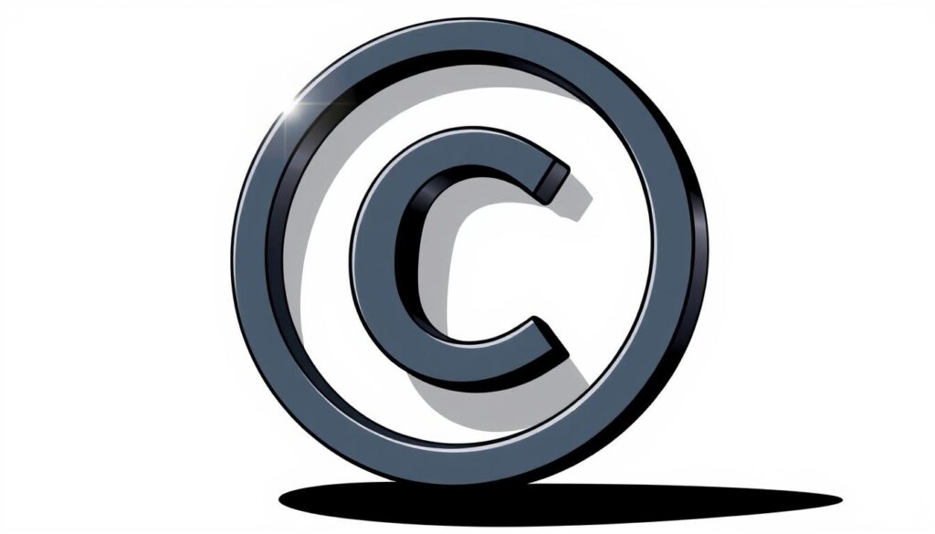A high-contrast graphic illustration of the copyright symbol, depicting a stylized 'C' enclosed within a circle. The symbol stands out against a plain, neutral background, conveying a sense of authority and legal significance. The lighting is dramatic, with strong shadows and highlights that accentuate the geometric forms. The composition is centered and balanced, with the copyright symbol occupying the foreground as the main focal point. The overall mood is professional, serious, and emblematic of the importance of intellectual property rights.