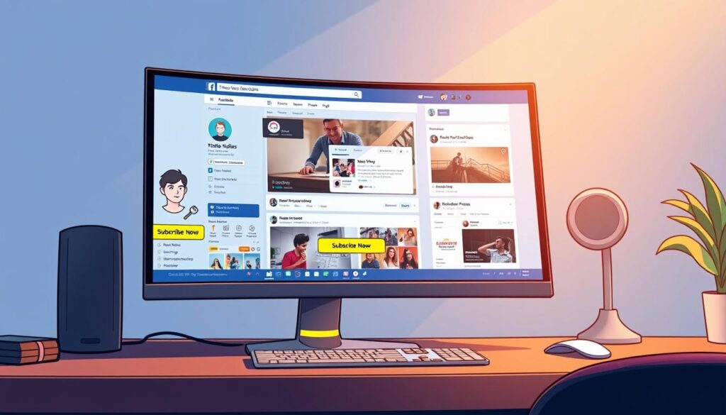 A high-end desktop computer with a large curved monitor displays a subscription-exclusive Facebook interface. The foreground features a user's profile page with a prominent "Subscribe Now" button, emphasizing the exclusivity of the content. The middle ground showcases various premium posts, videos, and features only available to subscribers. The background depicts the Facebook logo and branding, creating a sense of the platform's dominance in the social media landscape. The lighting is soft and warm, conveying a sense of luxury and prestige associated with the subscription-based experience. The overall composition and styling suggest an immersive, curated, and high-quality social media content ecosystem accessible only to those willing to pay for the privilege.