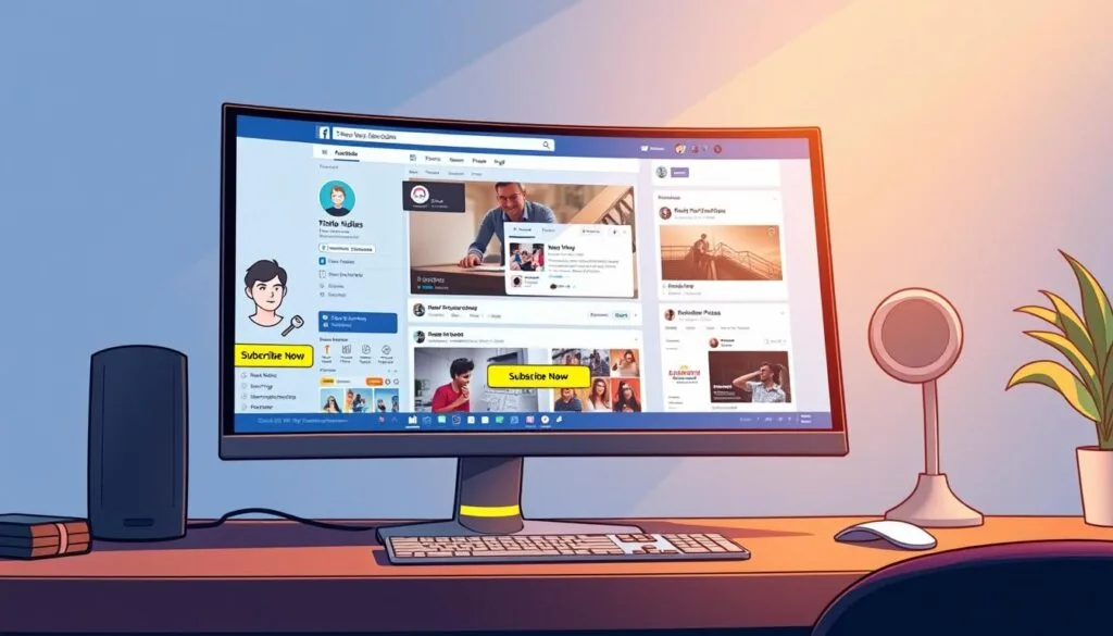 A high-end desktop computer with a large curved monitor displays a subscription-exclusive Facebook interface. The foreground features a user's profile page with a prominent "Subscribe Now" button, emphasizing the exclusivity of the content. The middle ground showcases various premium posts, videos, and features only available to subscribers. The background depicts the Facebook logo and branding, creating a sense of the platform's dominance in the social media landscape. The lighting is soft and warm, conveying a sense of luxury and prestige associated with the subscription-based experience. The overall composition and styling suggest an immersive, curated, and high-quality social media content ecosystem accessible only to those willing to pay for the privilege. A high-end desktop computer with a large curved monitor displays a subscription-exclusive Facebook interface. The foreground features a user's profile page with a prominent "Subscribe Now" button, emphasizing the exclusivity of the content. The middle ground showcases various premium posts, videos, and features only available to subscribers. The background depicts the Facebook logo and branding, creating a sense of the platform's dominance in the social media landscape. The lighting is soft and warm, conveying a sense of luxury and prestige associated with the subscription-based experience. The overall composition and styling suggest an immersive, curated, and high-quality social media content ecosystem accessible only to those willing to pay for the privilege.