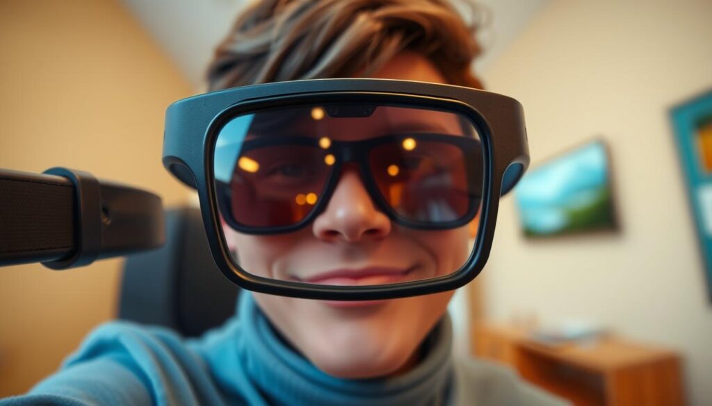 A high-quality camera view showcasing the latest smart glasses from a first-person perspective. The scene depicts the glasses' camera lens in sharp focus, capturing a vivid and immersive scene. The background is slightly blurred, emphasizing the camera's depth of field and advanced optics. Soft, diffused lighting illuminates the subject, creating a warm and inviting atmosphere. The image conveys a sense of excitement and exploration, hinting at the creative possibilities unlocked by these cutting-edge smart glasses.